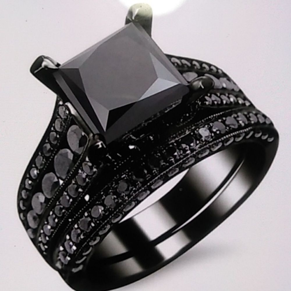 ✨Stunning Simulated Black Sapphire 2 pcs Wedding Eternity Band Ring Set 💍✨